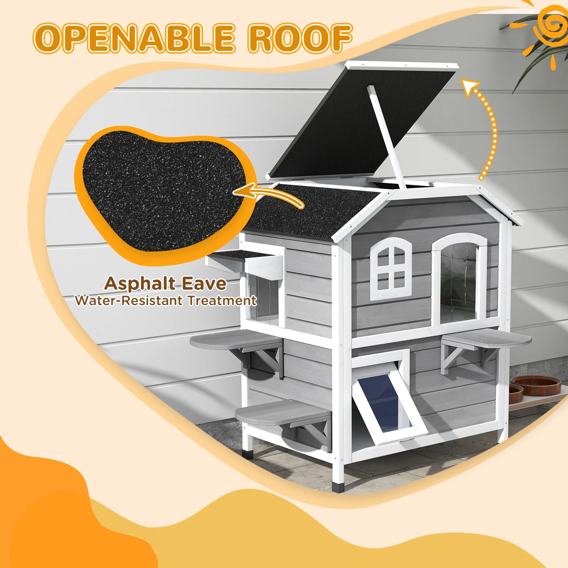 Outdoor Wooden Cat House – 2-Level Shelter with Escape Doors