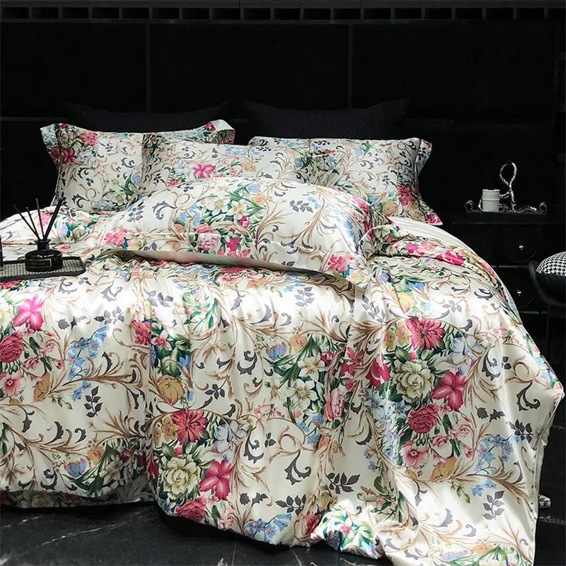 Luxury Natural Silk Floral Bedding Set – 4-Piece Smooth & Silky Comfort Set