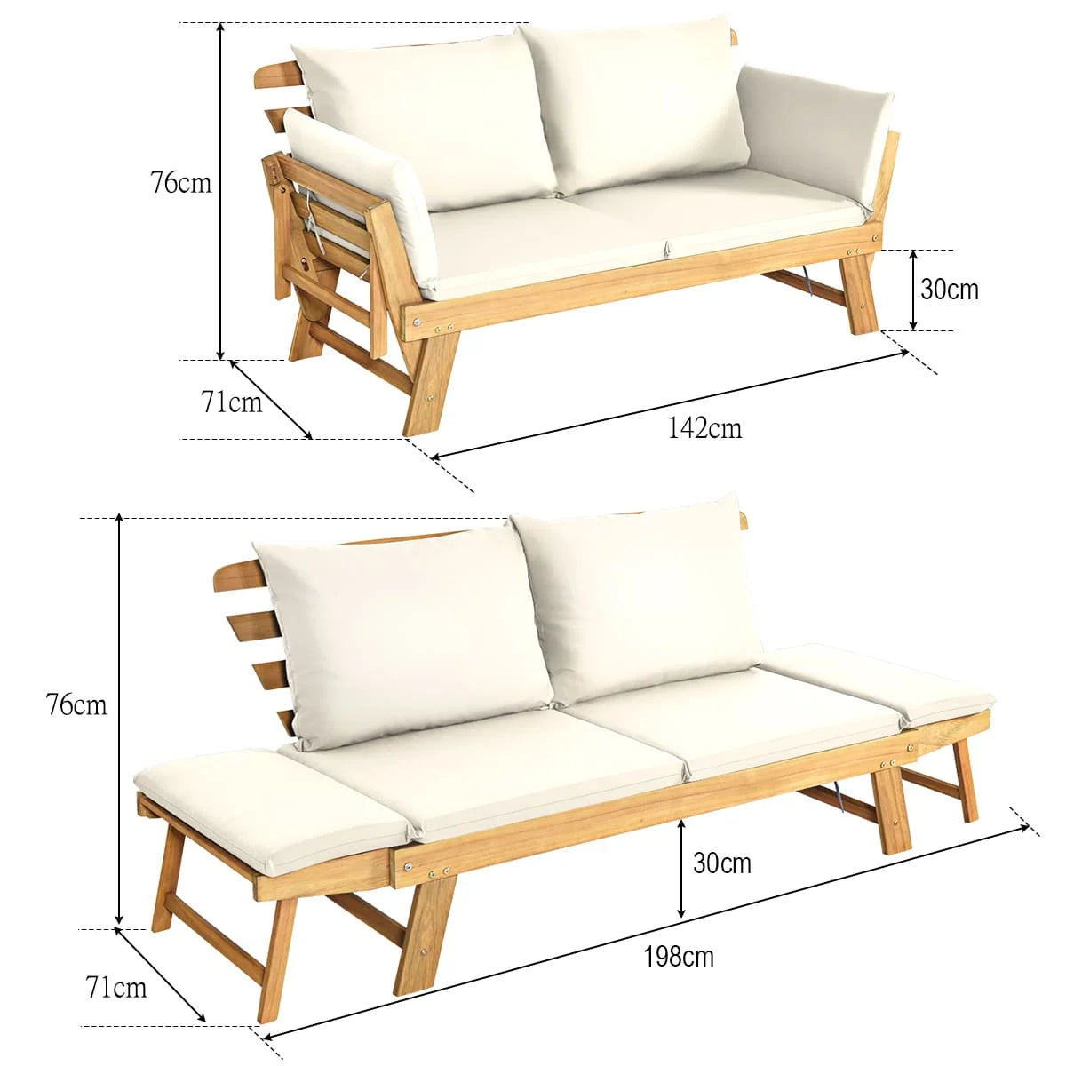 Outdoor Convertible Daybed Sofa – Acacia Wood Patio Lounger with Adjustable Armrests & Cushions (White)