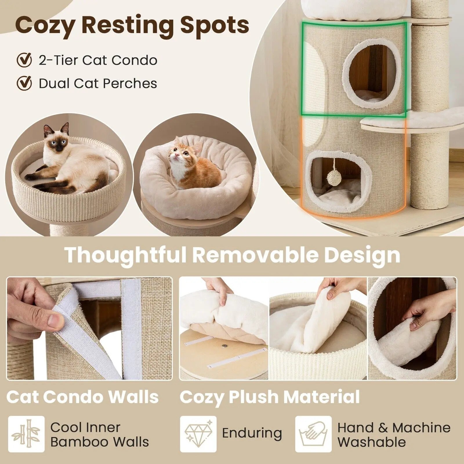 154cm Multi-Level Indoor Cat Tree Tower – 2-Storey Condo, Hammock, Scratching Posts & Plush Perches