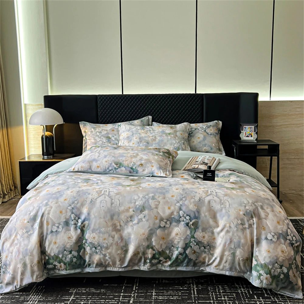 Flower Printed Bedding Set Soft Luxury Bedroom Decor Duvet Cover Set Comforter Pillowcase Bed Sheet Washed Cotton Four Piece Set
