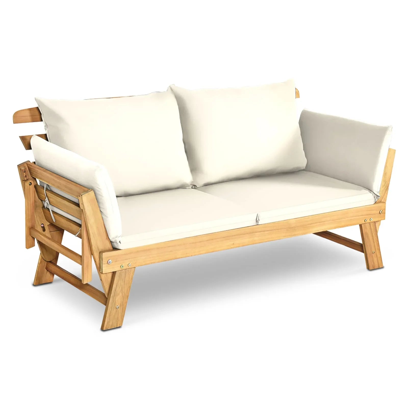 Outdoor Convertible Daybed Sofa – Acacia Wood Patio Lounger with Adjustable Armrests & Cushions (White)