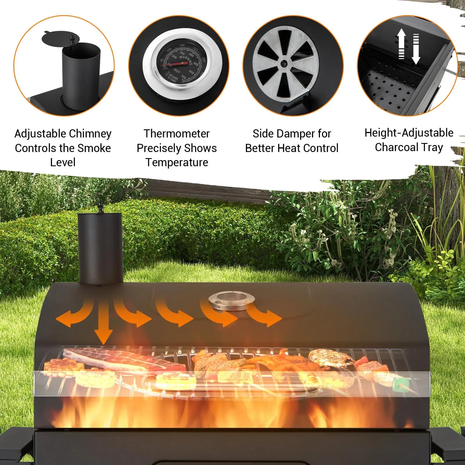 Adjustable Charcoal BBQ Grill with Foldable Side Table, Ash Tray & Wheels – Outdoor Cooking Station