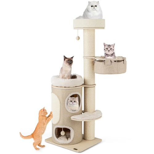 154cm Multi-Level Indoor Cat Tree Tower – 2-Storey Condo, Hammock, Scratching Posts & Plush Perches