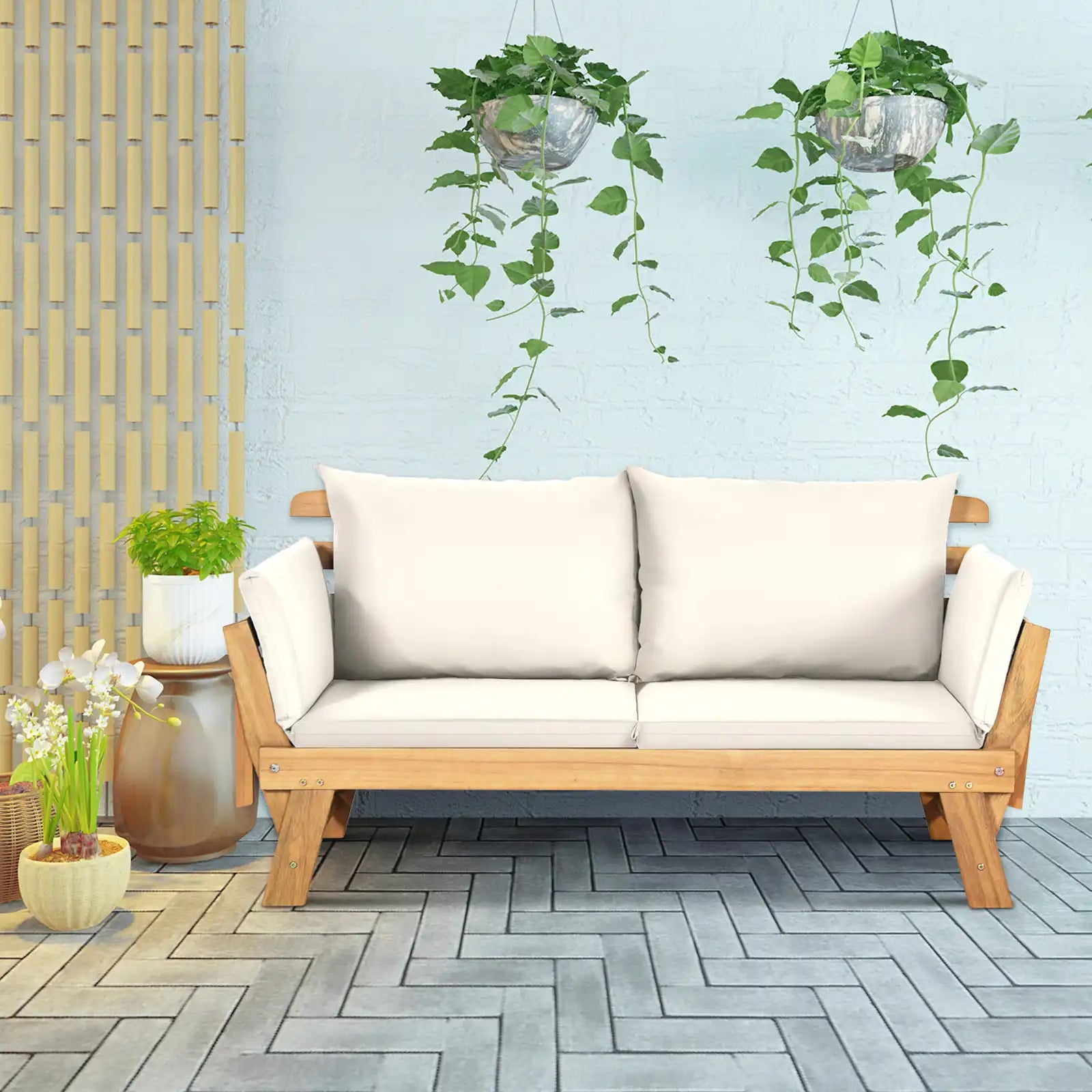 Outdoor Convertible Daybed Sofa – Acacia Wood Patio Lounger with Adjustable Armrests & Cushions (White)