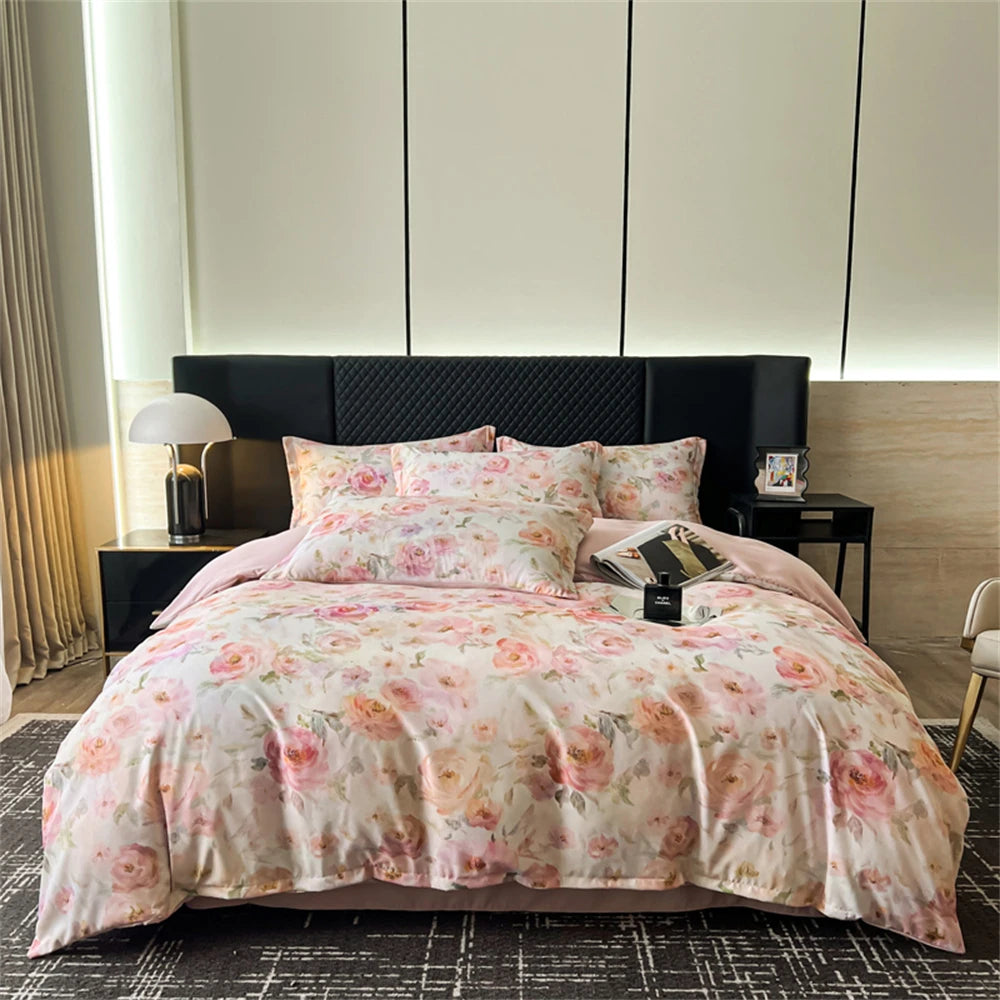 Flower Printed Bedding Set Soft Luxury Bedroom Decor Duvet Cover Set Comforter Pillowcase Bed Sheet Washed Cotton Four Piece Set