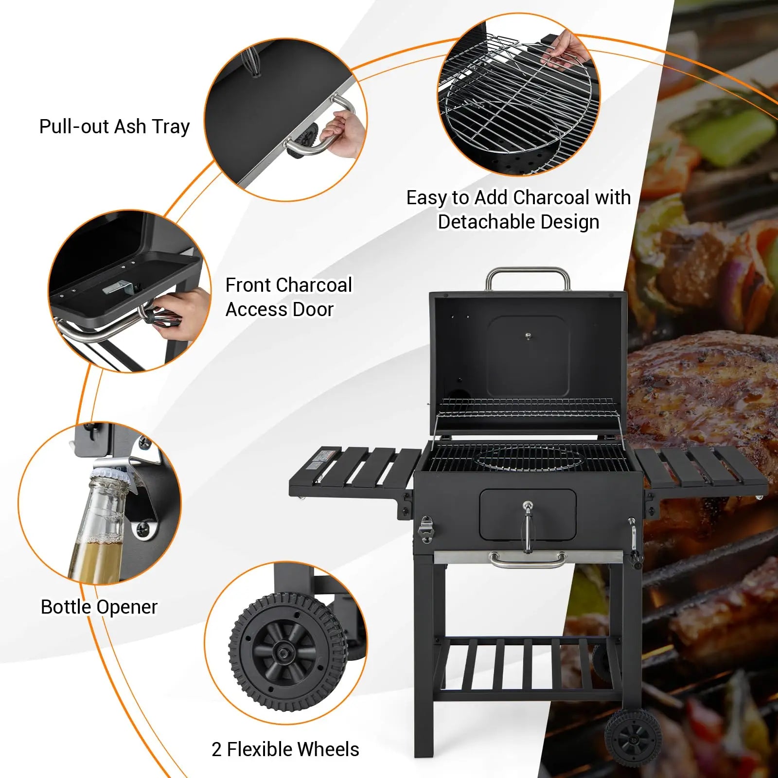 Adjustable Charcoal BBQ Grill with Foldable Side Table, Ash Tray & Wheels – Outdoor Cooking Station