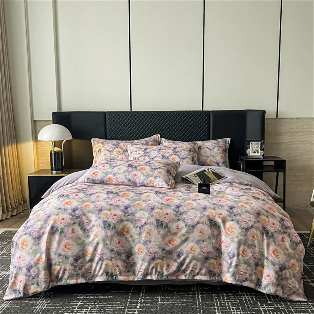 Flower Printed Bedding Set Soft Luxury Bedroom Decor Duvet Cover Set Comforter Pillowcase Bed Sheet Washed Cotton Four Piece Set
