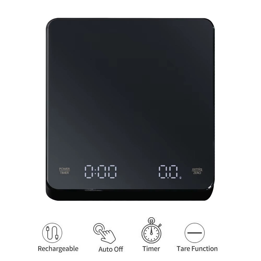 Digital Coffee Scale with Timer – LED Display, USB Rechargeable, 3kg Capacity, 0.1g Precision, Measures in g/oz/ml