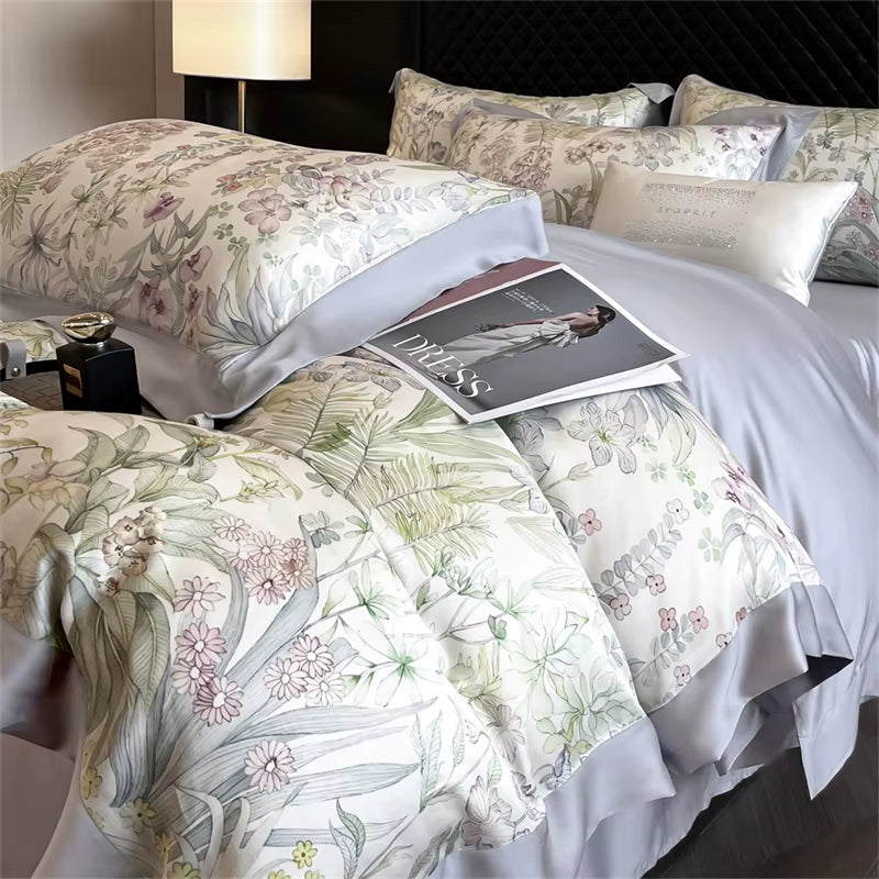 Tropical Forest Plants Print Luxury Bedding Set Lyocell Bamboo Fiber Soft Silky Duvet Cover Bed Sheet/Fitted Sheet Pillowcases