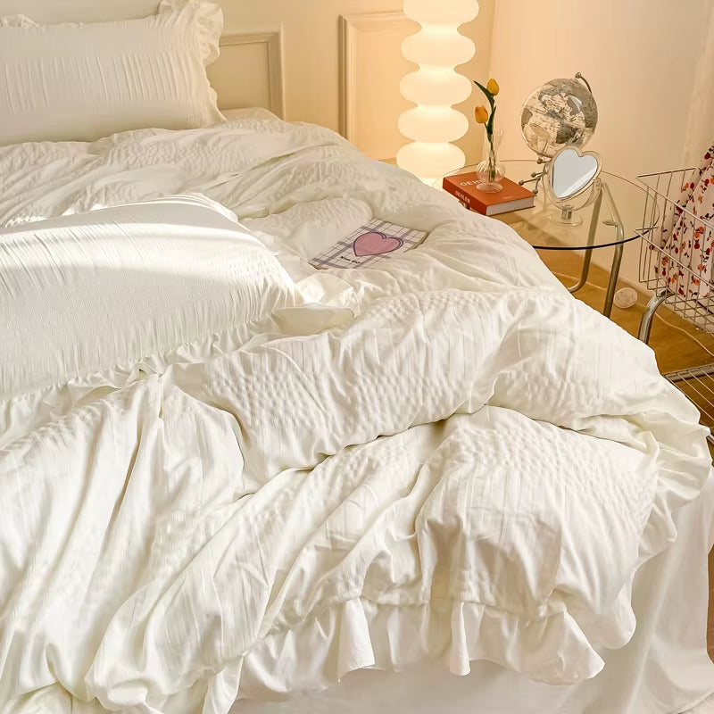 White Ruffled Seersucker Single Queen King Duvet Cover Set 3/4Pcs Soft Green Pink Grey Bedding Set with Bed Sheet Pillowcases