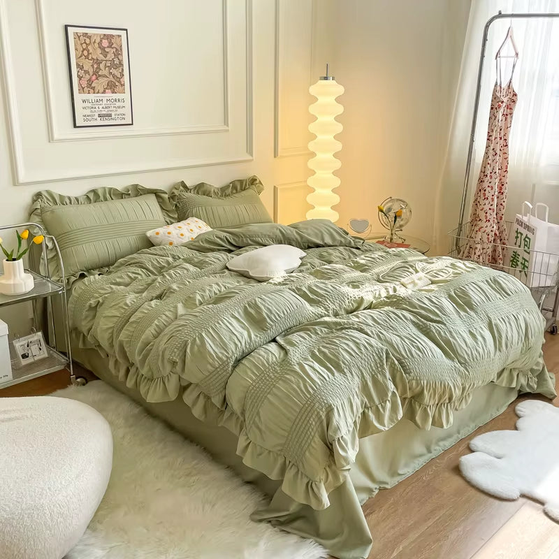 White Ruffled Seersucker Single Queen King Duvet Cover Set 3/4Pcs Soft Green Pink Grey Bedding Set with Bed Sheet Pillowcases