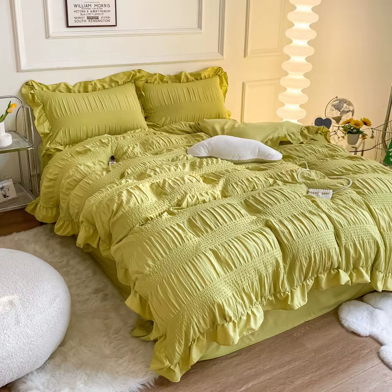 White Ruffled Seersucker Single Queen King Duvet Cover Set 3/4Pcs Soft Green Pink Grey Bedding Set with Bed Sheet Pillowcases