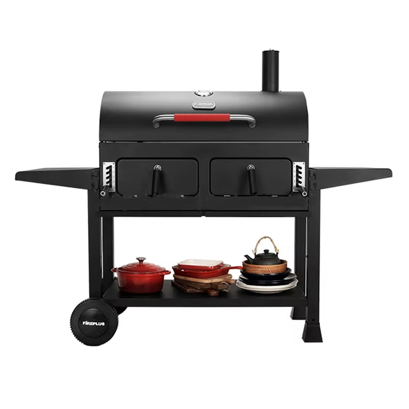 Heavy-Duty Smokeless Charcoal BBQ Grill with Trolley & Rotisserie – Large Outdoor Barbecue Smoker