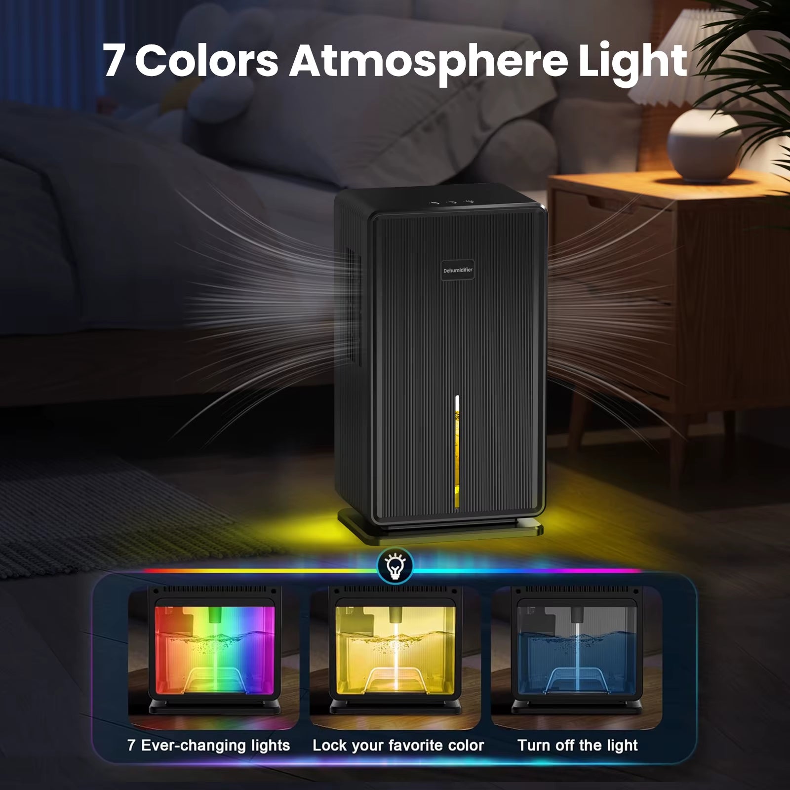 Home Dehumidifier – 100 Oz Capacity, Covers Up to 750 Sq. Ft. | Bathroom & Bedroom Use, 7-Color Night Light, Auto Shut-Off, Sleep Mode