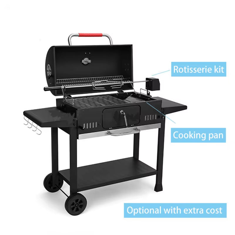 Heavy-Duty Smokeless Charcoal BBQ Grill with Trolley & Rotisserie – Large Outdoor Barbecue Smoker